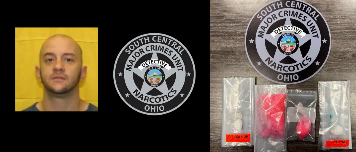 Booking photo of Randall L. Gilkerson Jr. and seized suspected drugs in evidence bags with the Major Crimes Unit badge